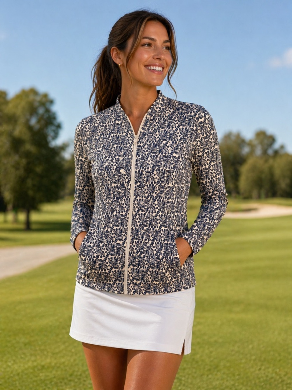 Sigrid Olsen Navy and White Botanical Zip Jacket